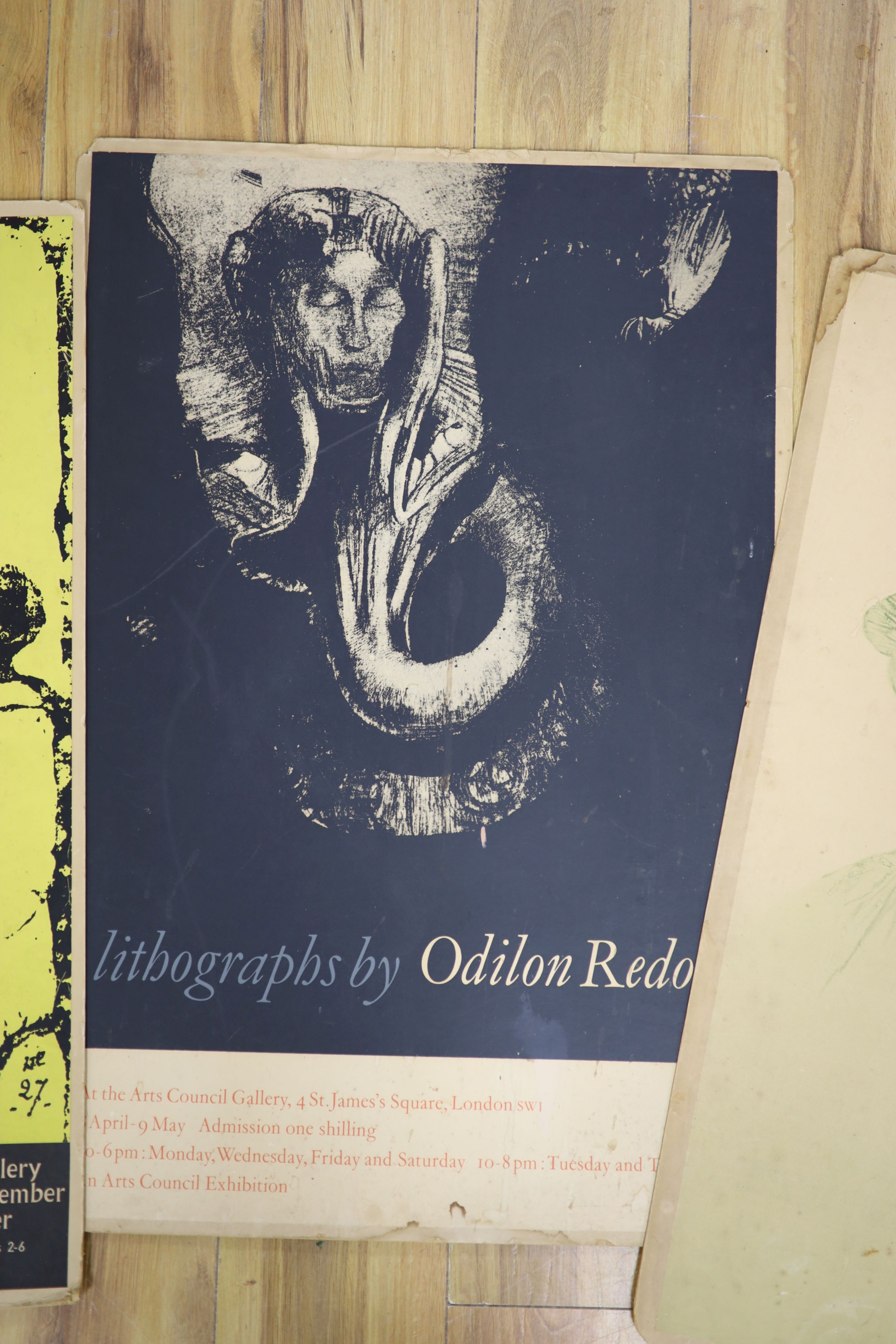 Three printed posters mounted on card for Exhibitions of Works by Gauguin, Odilon Redon and Toulouse Le Trec, largest 80 x 55cm, unframed